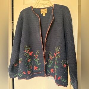 Vintage Woolrich Christmas Navy Women's Wool Sweater Holly size Large
